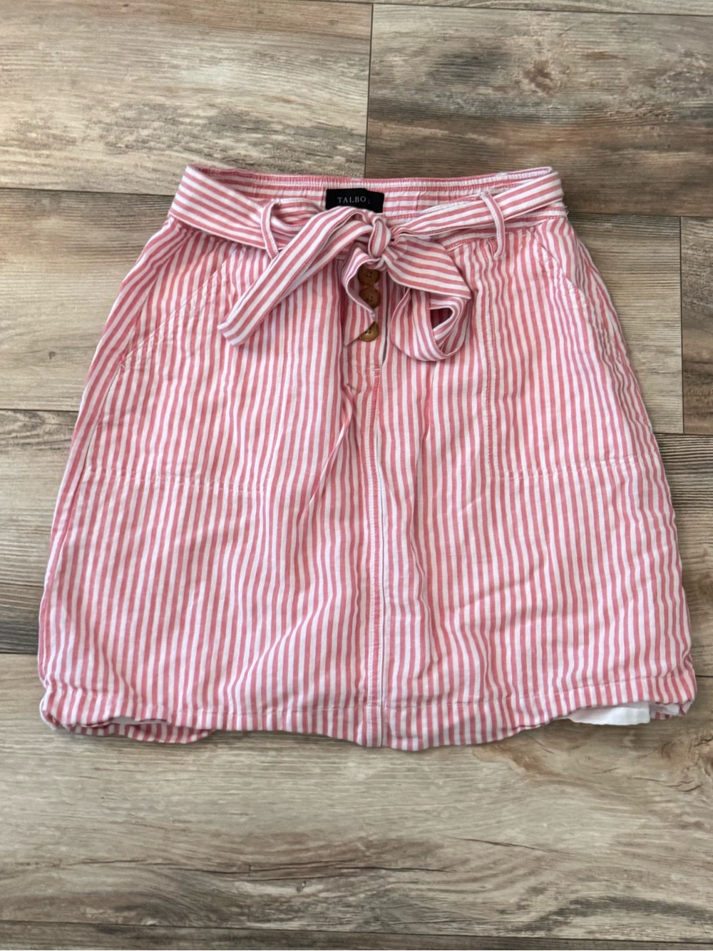 Talbots Pink and White Striped A-Line Mini Skirt with a Tie Front Size 4